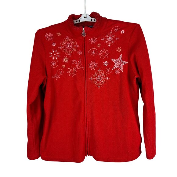 Basic Editions Red Full Zip Fleece Jacket XL Embroidered Snowflakes Stars - Picture 1 of 7